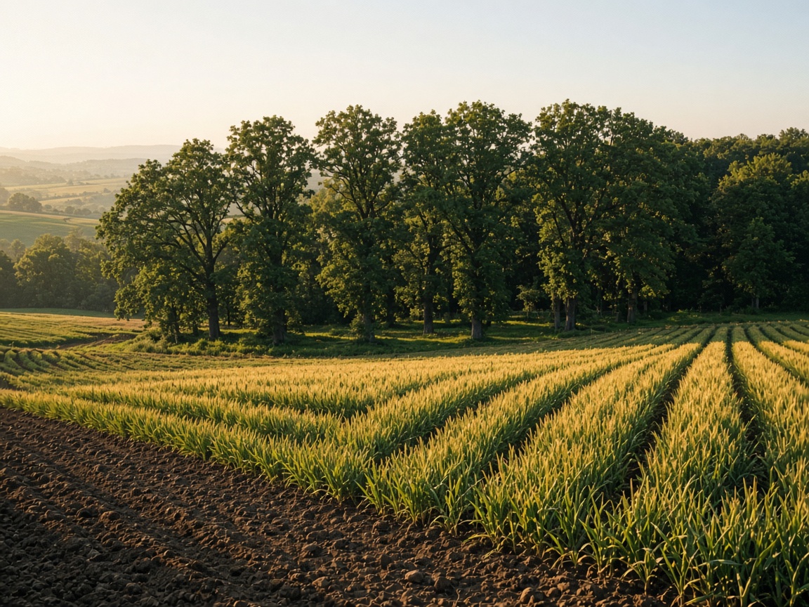 A fertile field meeting a grove — food, land, and enough for those who come after