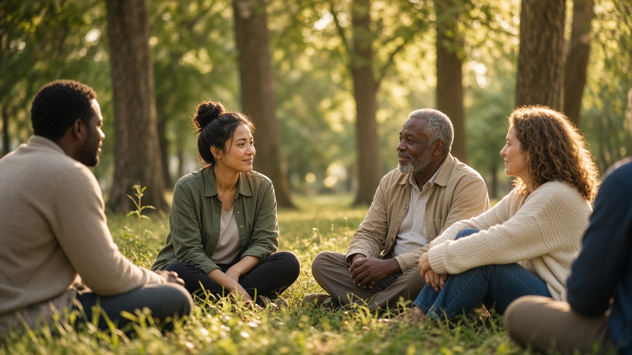People of different ages sitting together in a sunlit grove, listening to one another