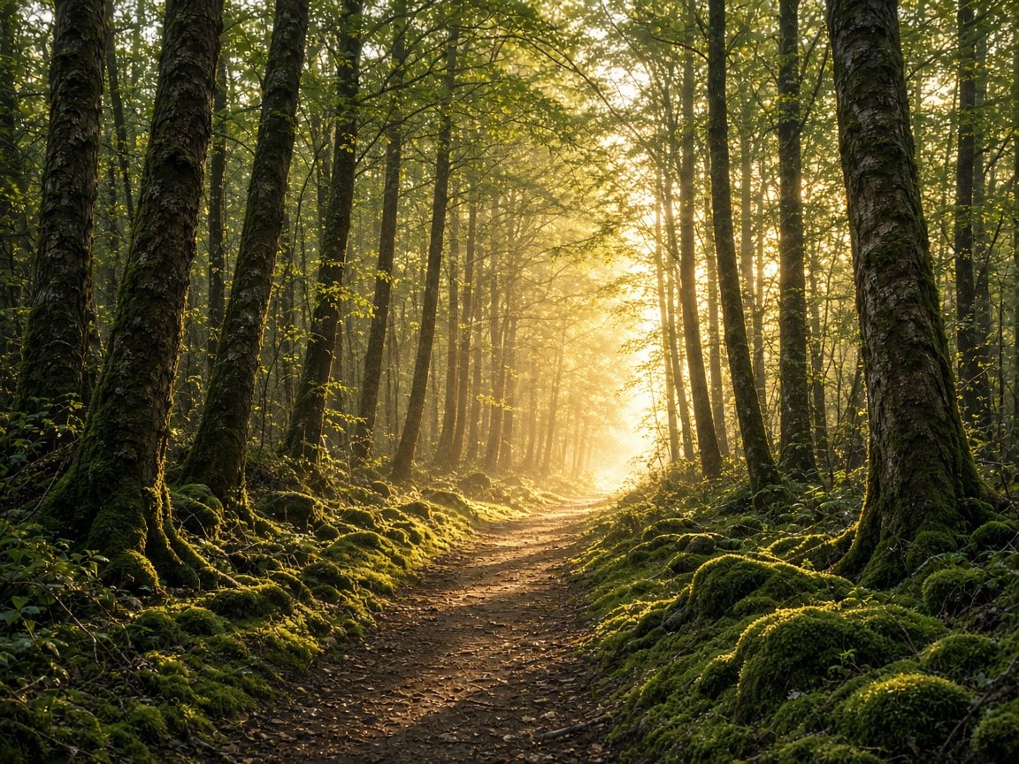 A path through trees toward open light