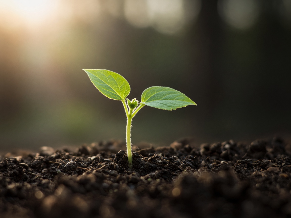 A young seedling rising from dark soil in first light